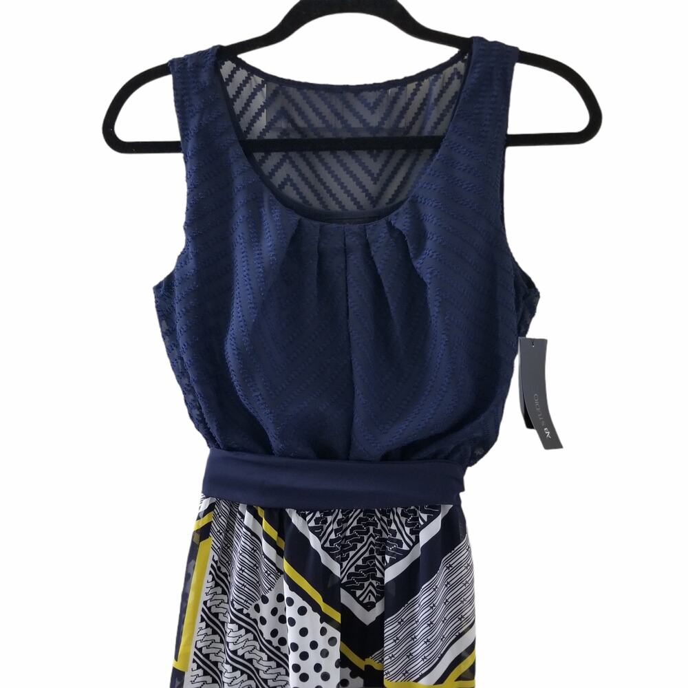 NWT AB Studio Navy Blue Yellow White Belt Sleeveless Knee Length Dress Small - Picture 2 of 7